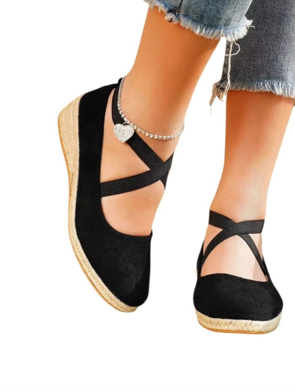 Faux Suede Black Espadrille Style Elastic Strap Shoes